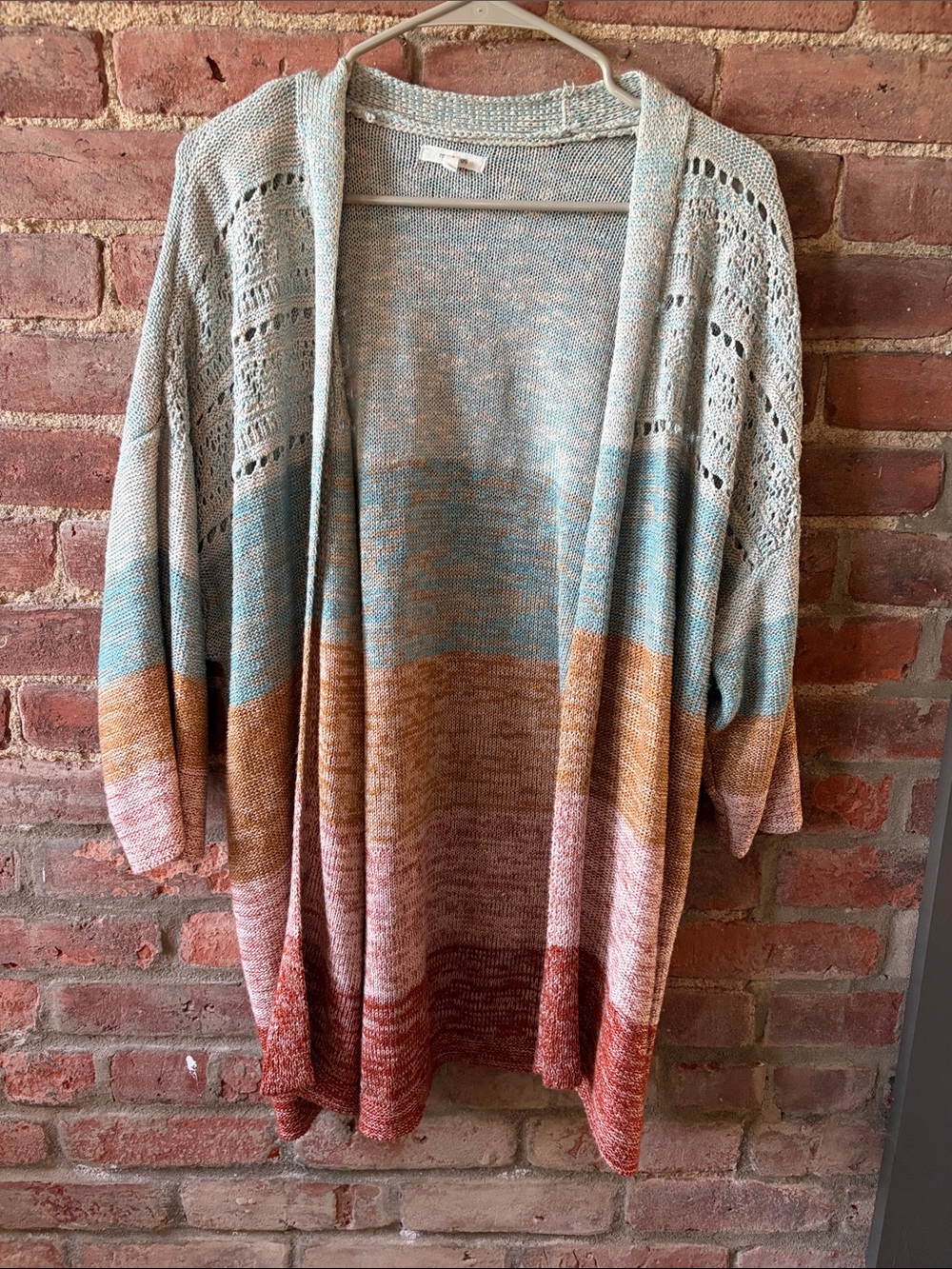 Maurices Ombre Open-Front Cardigan - Blue, Tan, Pink, Rust 3/4 sleeves size 1X